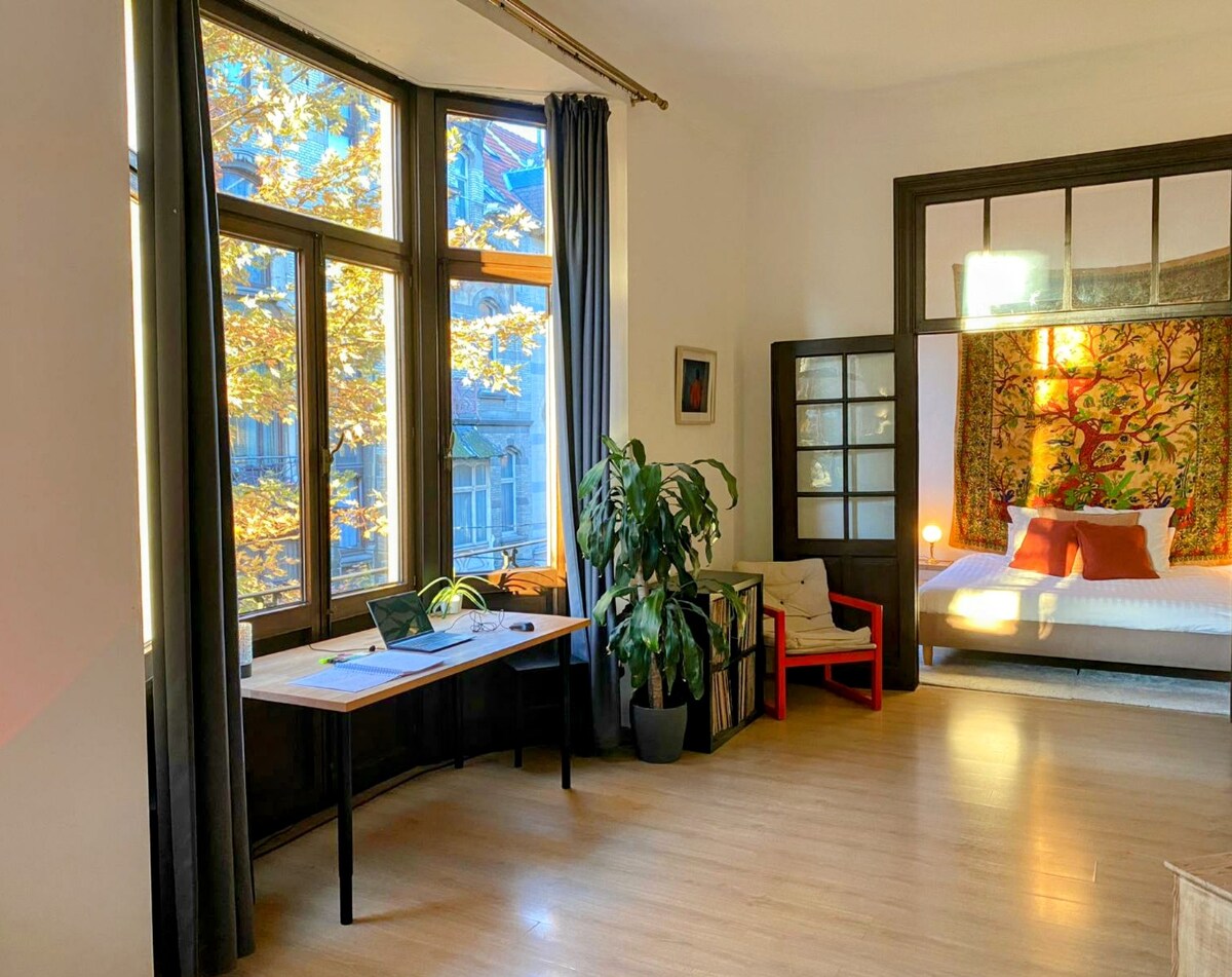 A spacious living area features large windows that allow natural light to fill the room, highlighting a green potted plant beside a desk. A cozy sleeping area, partially visible, is adorned with colorful wall art and a comfortable bed.