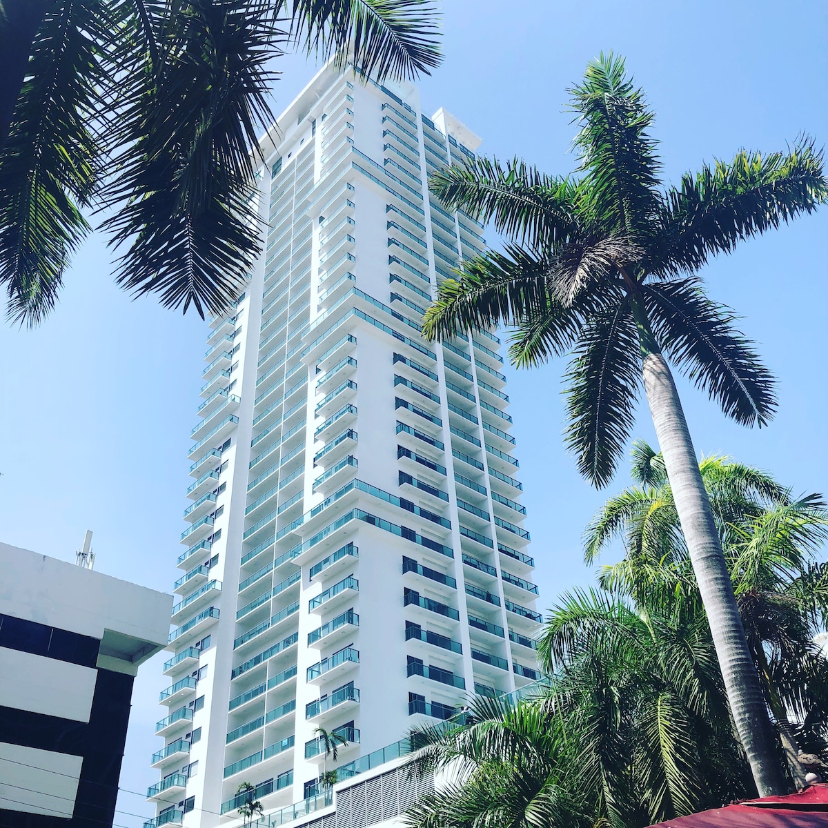 A modern high-rise building stands against a clear blue sky, surrounded by lush palm trees. The structure features multiple glass balconies that reflect the sunlight, contributing to an elegant urban aesthetic.