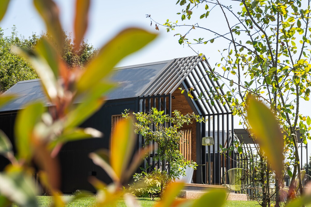 A modern cabin is visible amidst lush greenery, featuring a striking design with vertical wooden slats. Large windows allow natural light to fill the interior, and a well-maintained lawn surrounds the structure, enhancing the connection with nature.