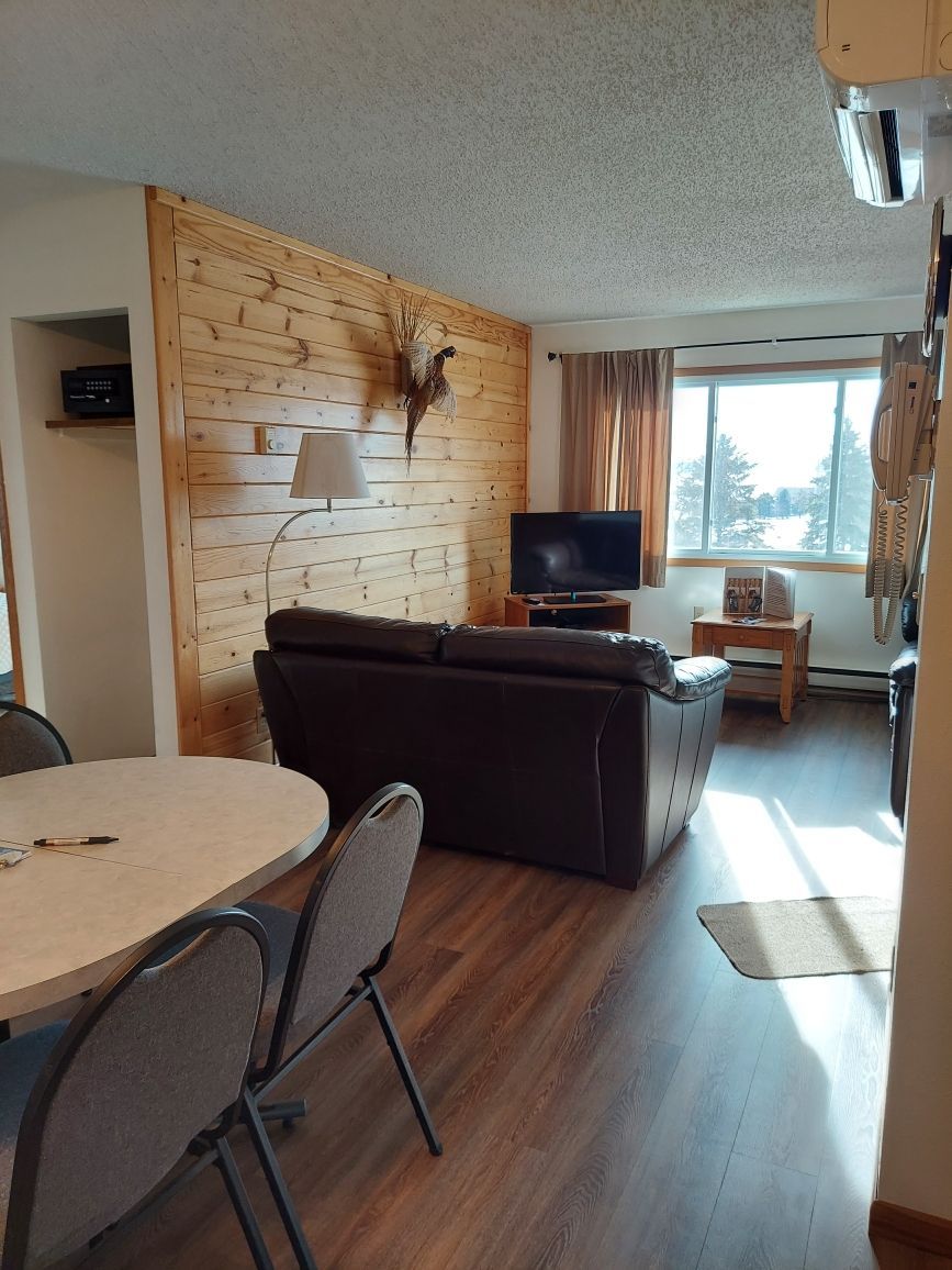 A cozy living area is highlighted by wooden paneling and a large window allowing natural light. A comfortable dark leather sofa faces a television, while a circular dining table with four chairs is positioned nearby.