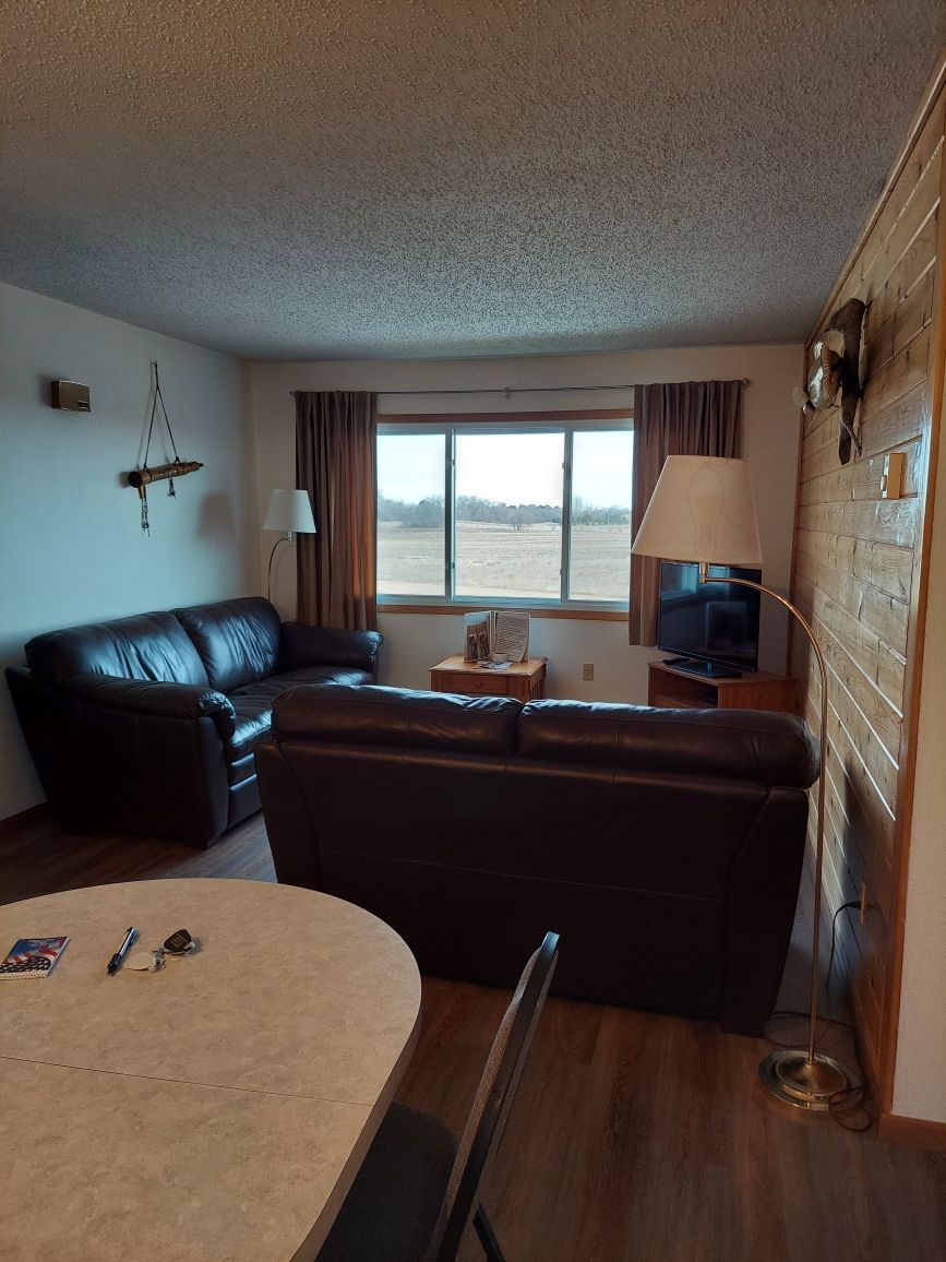 A living room area is presented with two dark leather sofas positioned across from each other. A window allows natural light to enter, with a view of the outdoors. A small table with a lamp and a television is noticeable in the space.