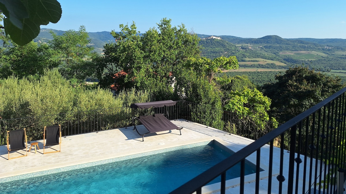 A private pool area is framed by lush greenery, with wooden lounge chairs positioned nearby. The serene water reflects the clear sky, while a scenic view of hills and valleys extends in the background, accentuated by olive trees lining the property.