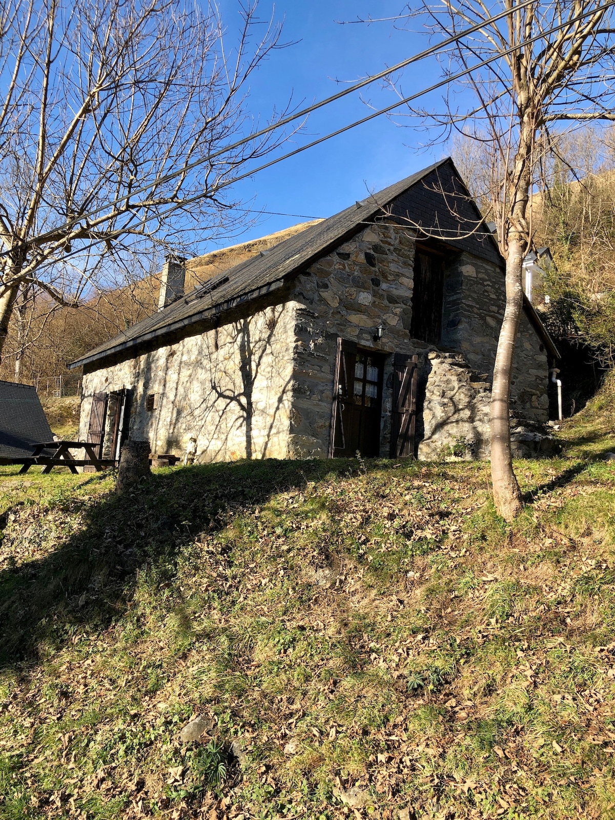 An authentic stone house is situated amidst natural greenery, surrounded by trees. The building features a sloping roof and large windows, allowing natural light to filter in. The rustic exterior exhibits a strong connection to the landscape, inviting a sense of tranquility and retreat.