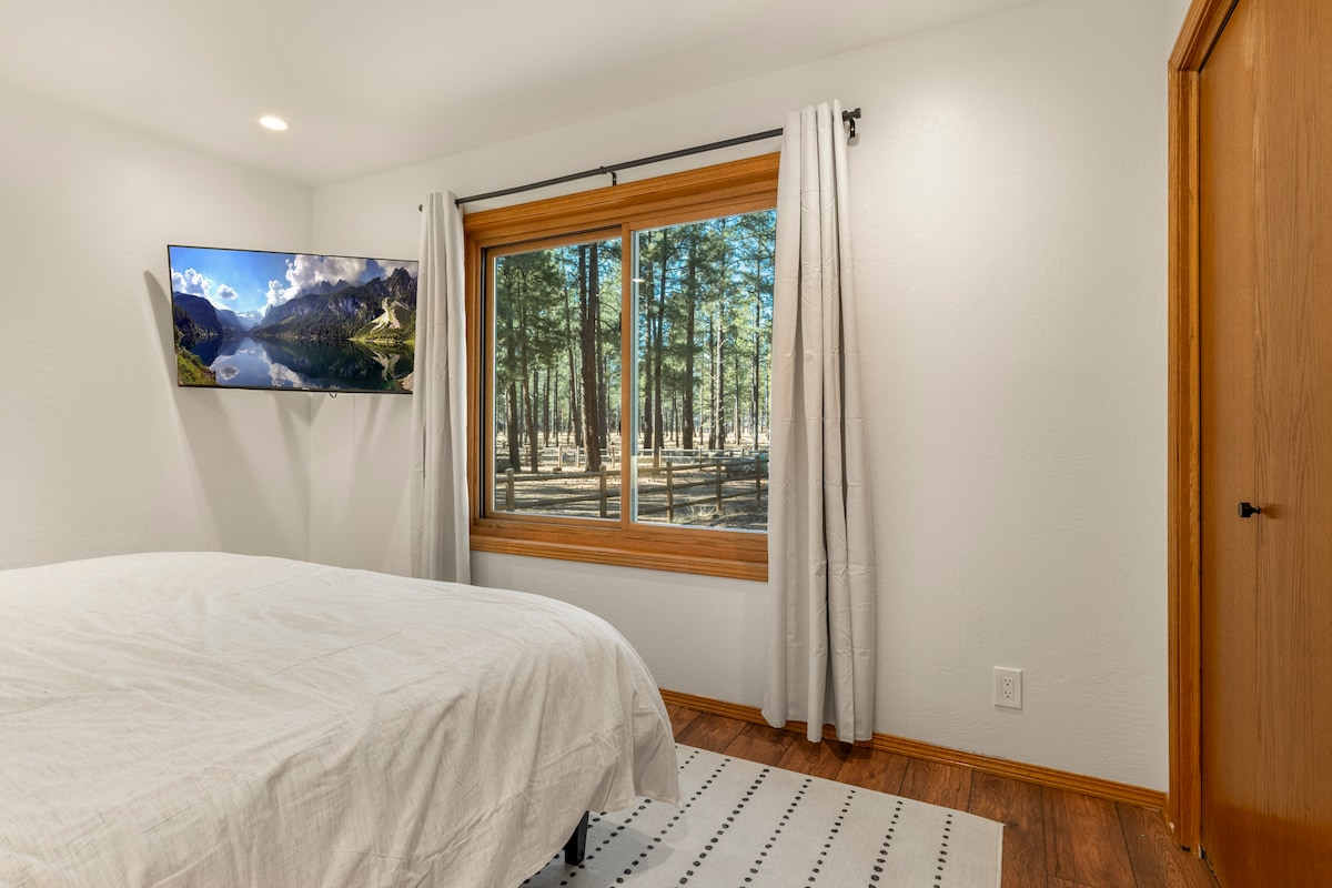 Спална соба на 1 кат со прекрасен поглед кон шумата, приватен телевизор и нијанси за затемнување прави да се чувствувате како дома