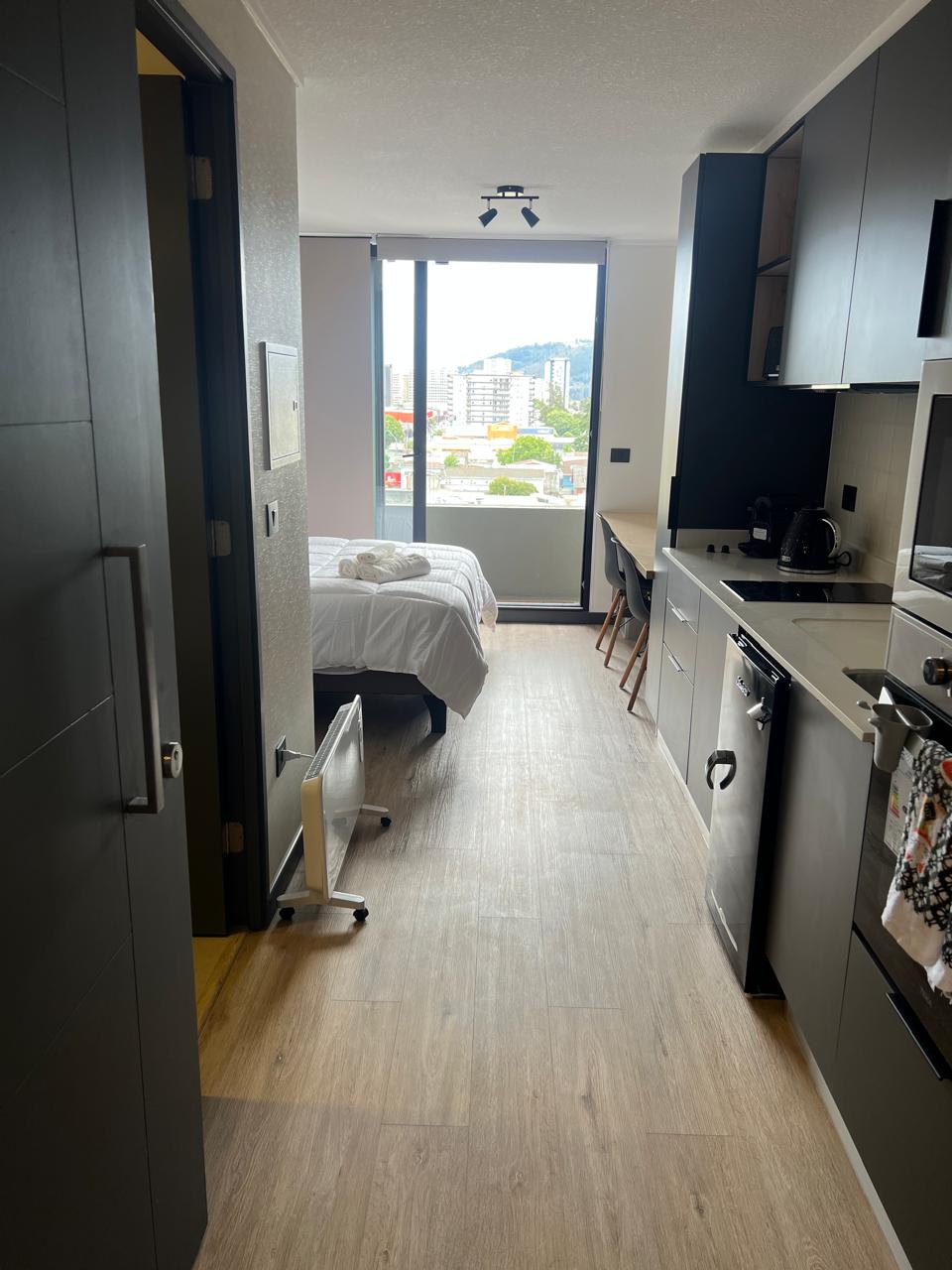 A hallway view leading into a studio apartment showcases a sleek kitchen area on the left and a spacious sleeping area straight ahead. Natural light filters in through a large window, highlighting the clean, modern design and inviting appearance of the furnishings.