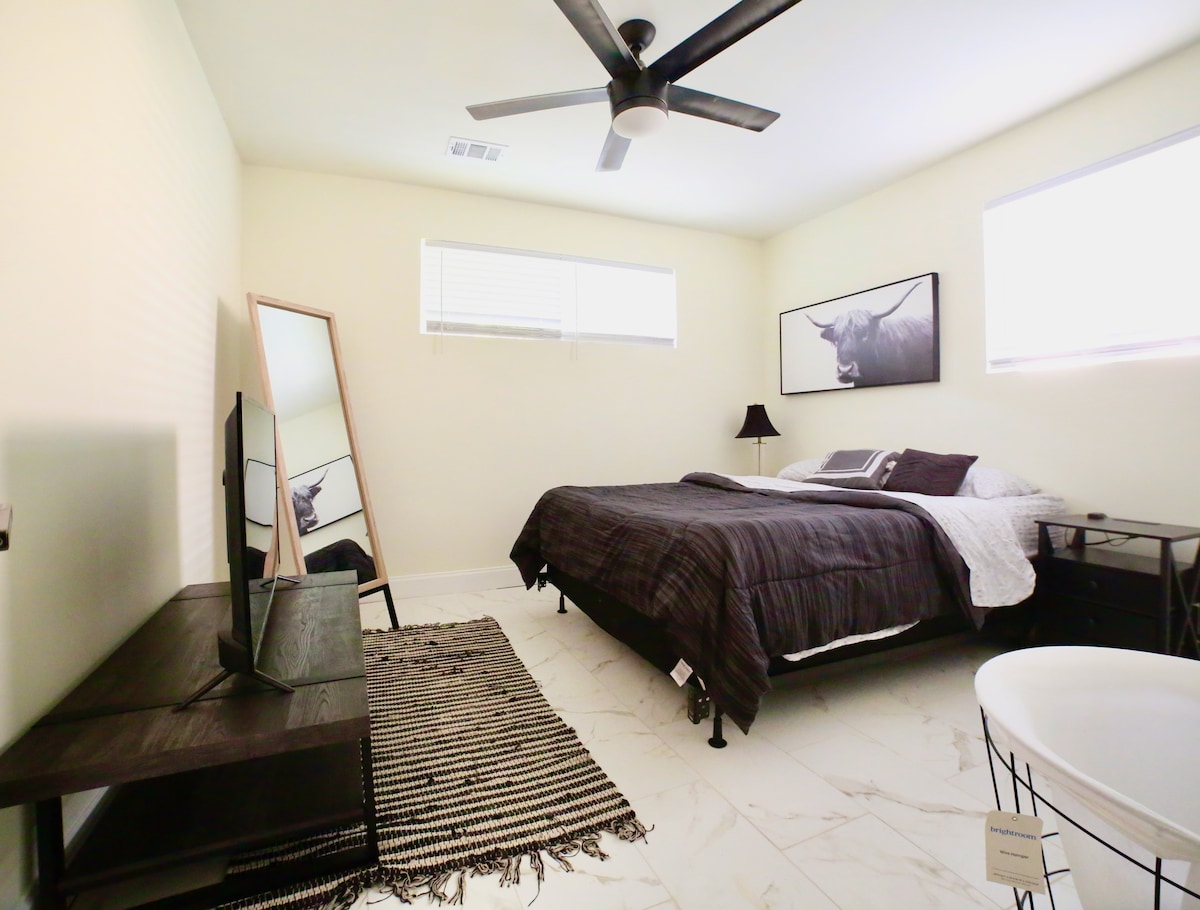 A spacious bedroom features a large bed with dark bedding and a light, minimalist design. Natural light enters through two windows, complemented by a modern ceiling fan. A flat-screen TV sits on a dark dresser beside a simple decorative mirror and a textured area rug adds warmth to the space.