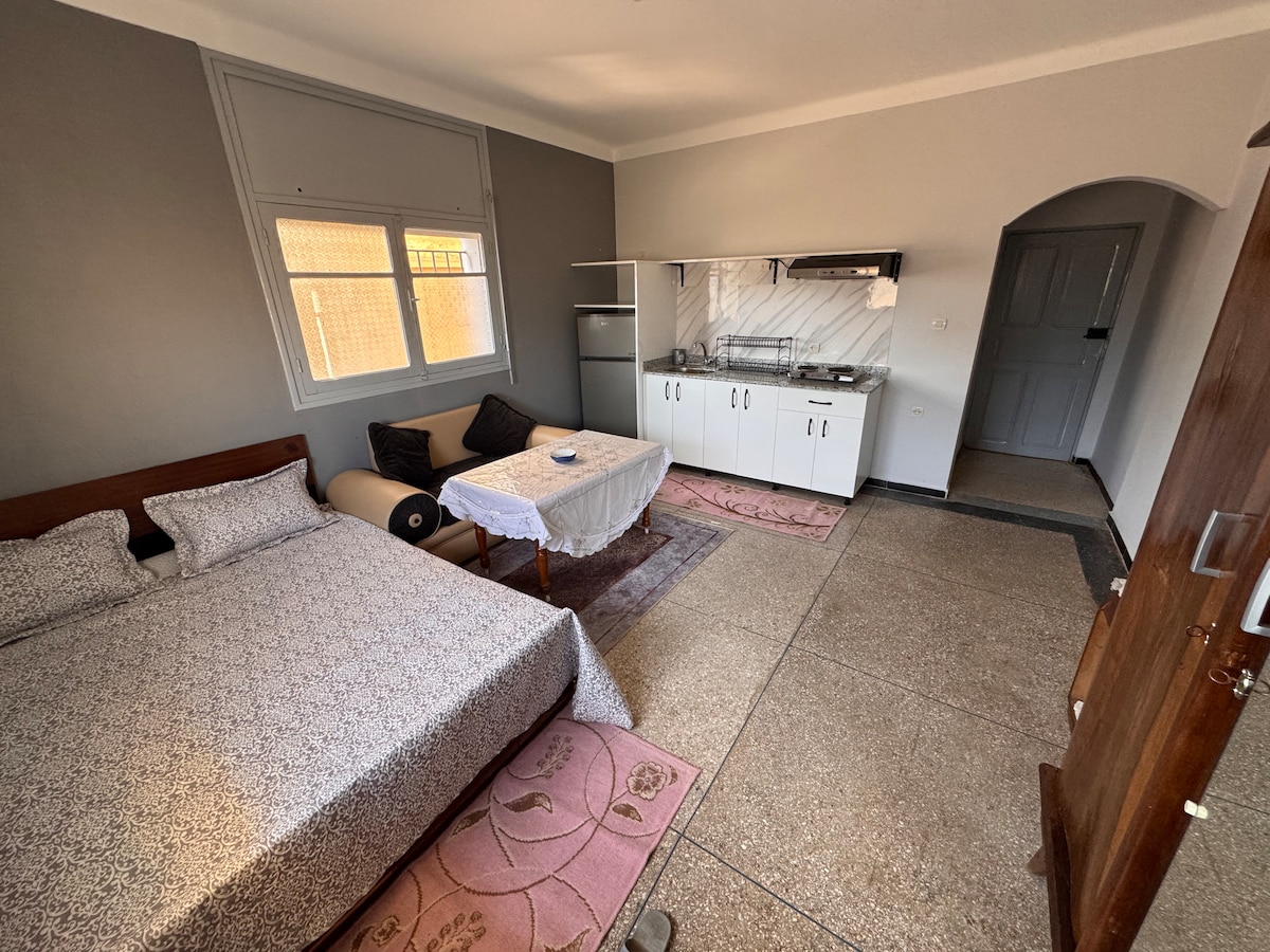A spacious studio apartment features a double bed and a cozy seating area with a light-colored sofa. A dining table is set against the window, while the kitchenette includes a refrigerator and countertops. Natural light fills the room through the large windows.