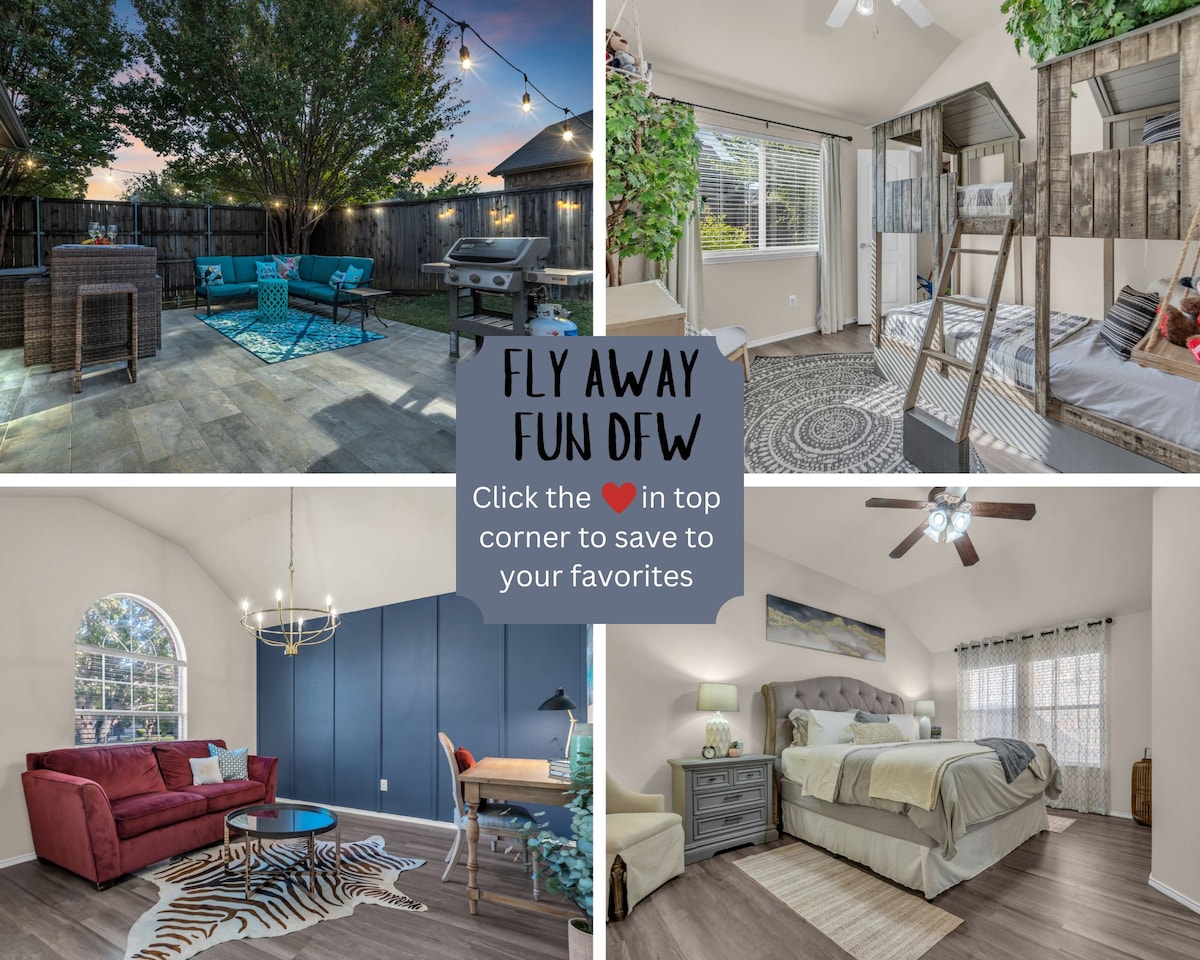 An outdoor patio area features a selection of comfortable seating and a table, surrounded by a fenced yard with trees, creating a relaxing space for gatherings. Inside, a cozy living area includes a red sofa and artwork on the wall. Additional images display a stylish bedroom and unique bunk beds.
