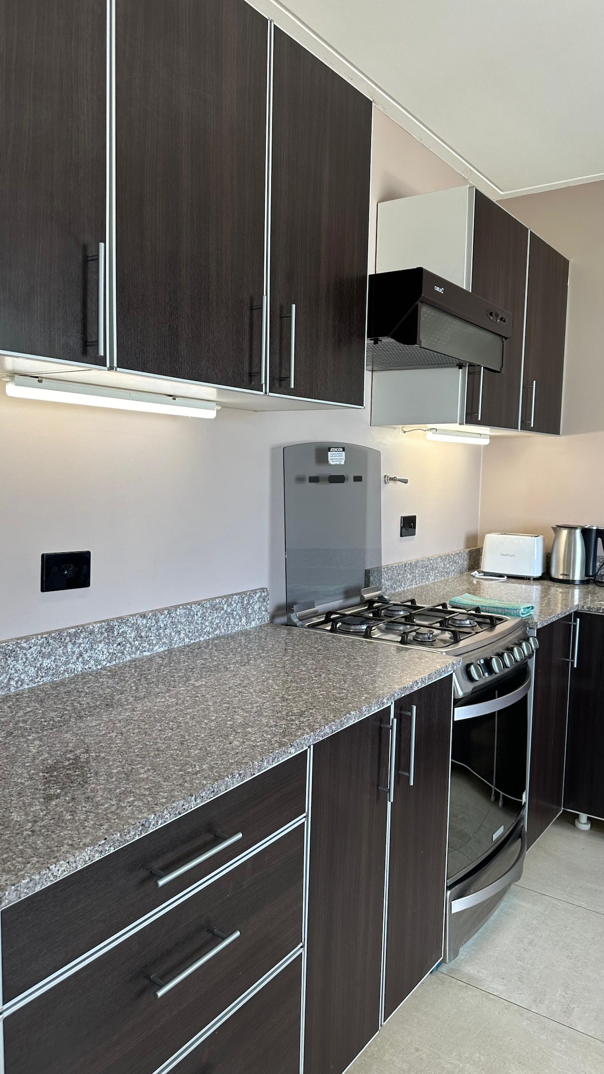 A modern kitchen features dark wood cabinetry and a granite countertop. Sleek appliances include a gas stove, oven, and a microwave. Task lighting is positioned under the cabinets, illuminating the workspace. A kettle and additional kitchenware are visible on the counter.