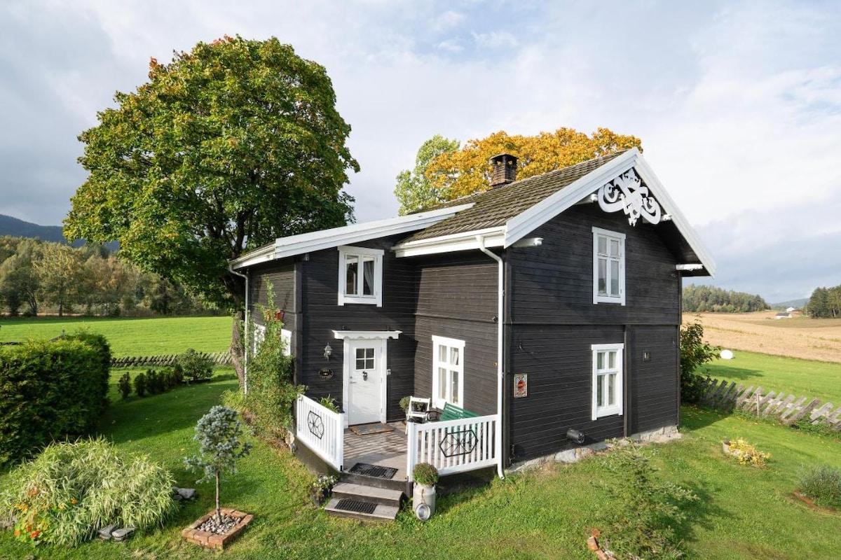 A charming black wooden cottage showcases traditional architectural details, set against a backdrop of lush green fields and trees. The front porch features a white railing, while flowerbeds enhance the inviting entrance. The surrounding landscape reflects a serene rural atmosphere.