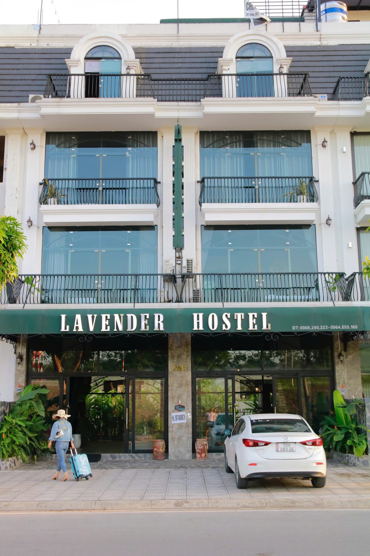 The entrance of the Lavender Hostel is marked by a welcoming facade, featuring large glass doors framed by lush greenery. A sign displaying the hostel's name is prominently displayed above the entrance, while guests are seen arriving with luggage.
