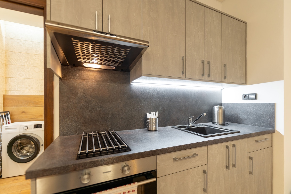 A modern kitchen area features sleek cabinetry and a dark countertop. A stainless steel stove with a hood is positioned above a built-in sink. Additional appliances, including a kettle and utensils holder, are arranged neatly alongside a washing machine partially visible in the background.