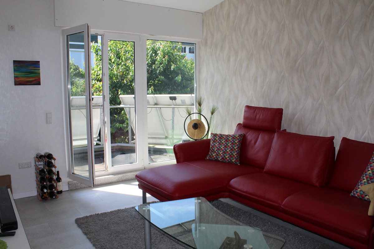 A spacious living area features a large red leather sofa with decorative cushions. Glass doors open to a balcony, allowing natural light to fill the room. A modern glass coffee table is placed on a soft area rug, while a wine rack is visible to the side.