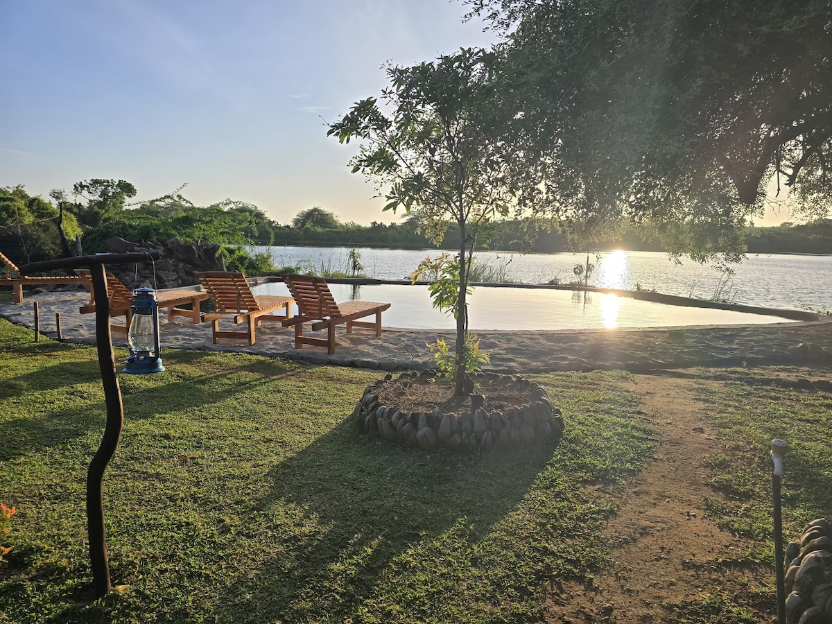 The image depicts a serene outdoor area featuring a natural pool beside a lake. Sunlight reflects on the water's surface, while wooden lounge chairs are positioned around the pool. Lush greenery surrounds the scene, with a stone arrangement and a lantern adding character.