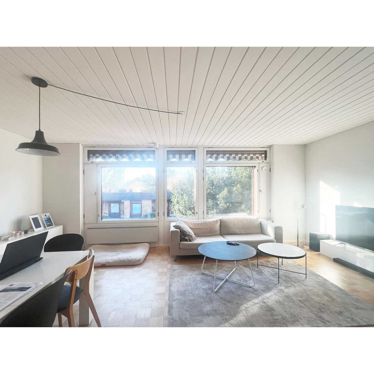 A bright living area features large windows that bring in natural light. A comfortable sofa is paired with two round coffee tables, while a simple rug covers the wooden floor. A sleek television sits against the wall, contributing to a modern and open atmosphere.