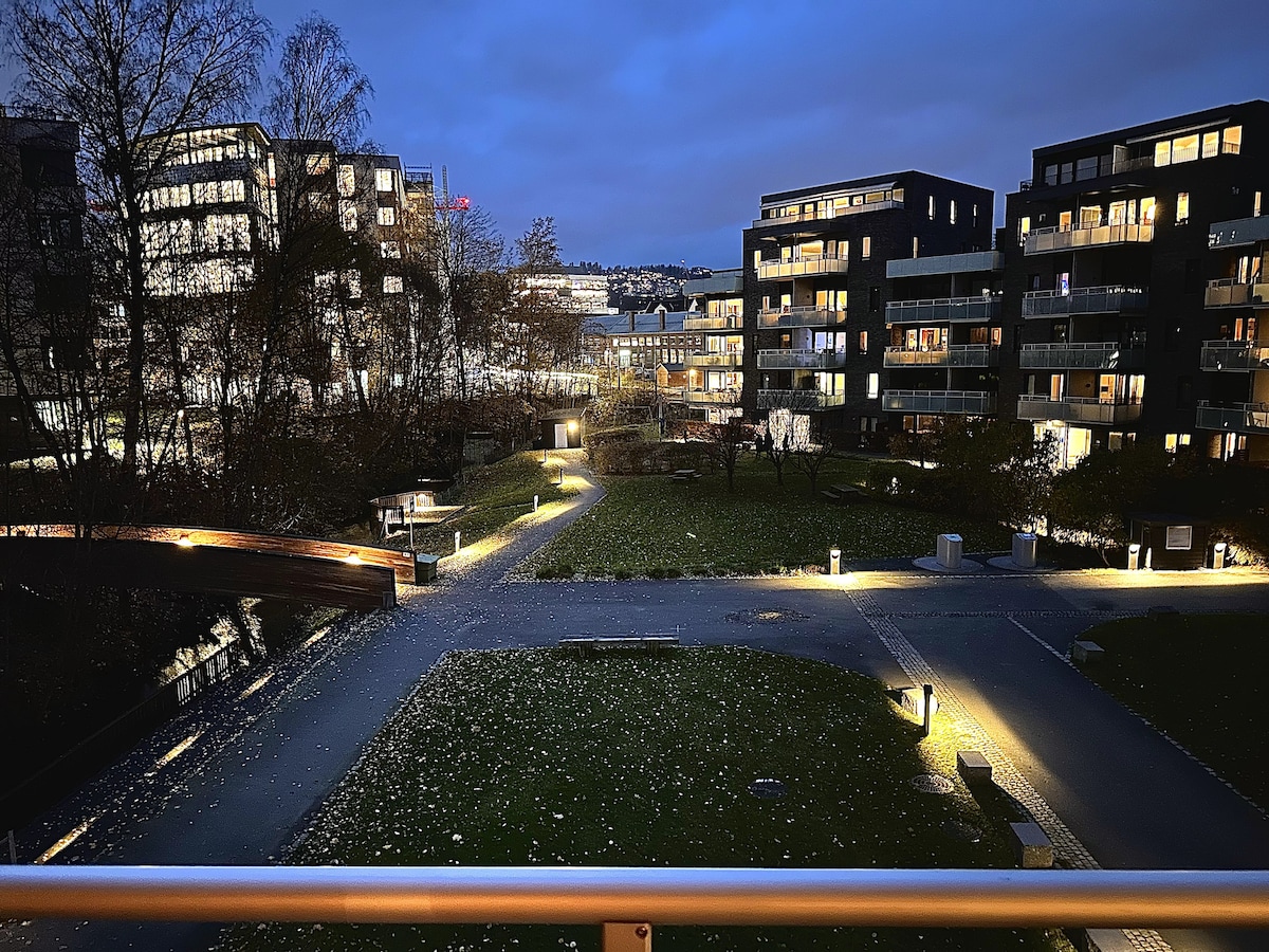 A view from the balcony reveals a serene outdoor area illuminated by soft lighting. The pathway meanders through greenery, flanked by modern apartment buildings. Trees with scattered leaves are visible, creating a calm atmosphere under a twilight sky.