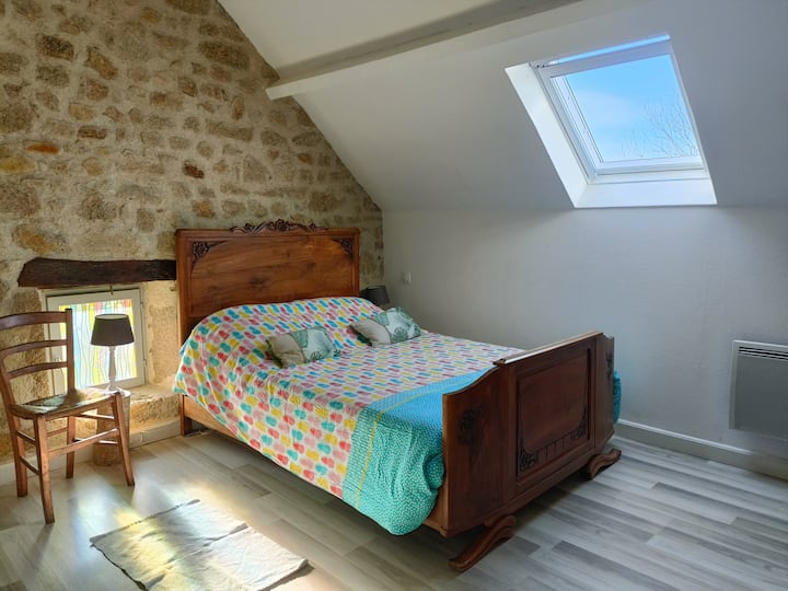 ห้องนอนใหญ่พร้อมทีวีหน้าต่างหลังคาและม่านบังแสงตู้เสื้อผ้าตู้เสื้อผ้าโต๊ะรีดผ้าและเครื่องดูดฝุ่น