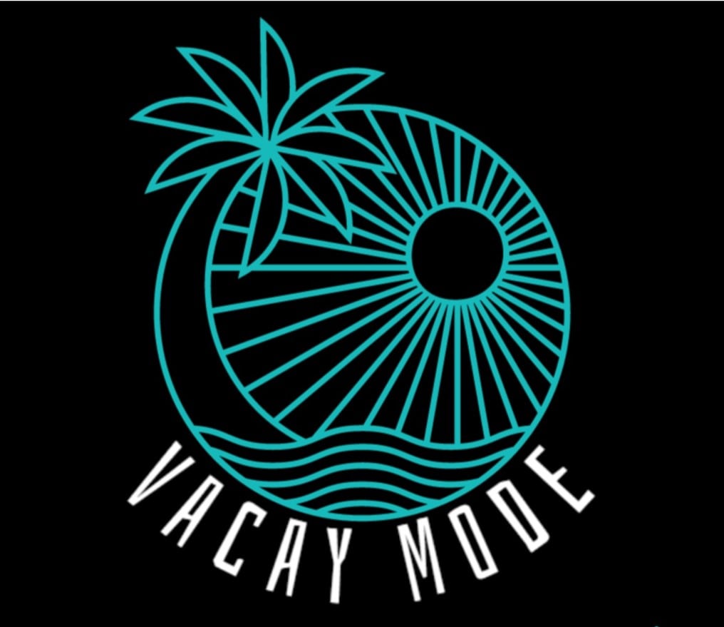 A graphic design showcases a stylized palm tree and sun within a circular outline. Radiating lines create a sunburst effect, while waves are illustrated at the bottom. The words 'VACAY MODE' are prominently displayed in bold, modern typography beneath the circle.