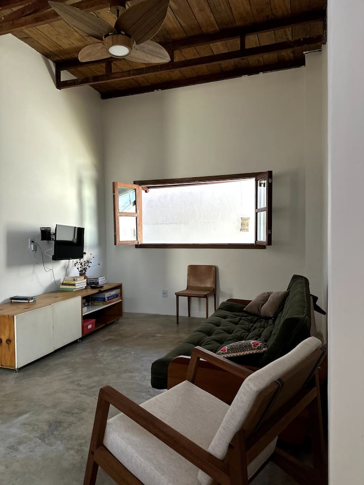 Værelse med sovesofa, loftsventilator og tv (og spil til rådighed!)