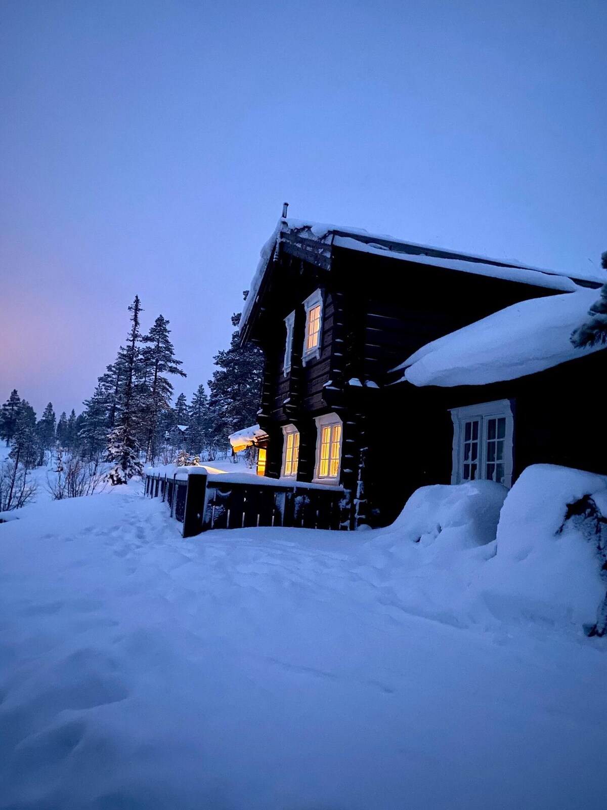 A traditional chalet surrounded by deep snow is illuminated by warm light from several windows. The snow-covered roof and railing enhance the winter scene, while tall trees frame the setting, creating a serene atmosphere at twilight.