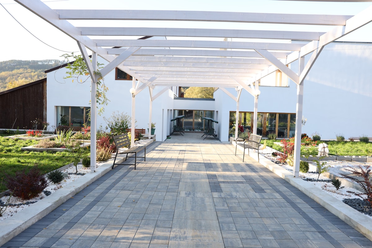 A spacious pathway leads towards an elegant white structure, framed by a pergola. Lush greenery and decorative plants are arranged along the sides, while symmetrical benches are positioned for relaxation. Large windows reflect the surrounding landscape and allow natural light to enter the building.