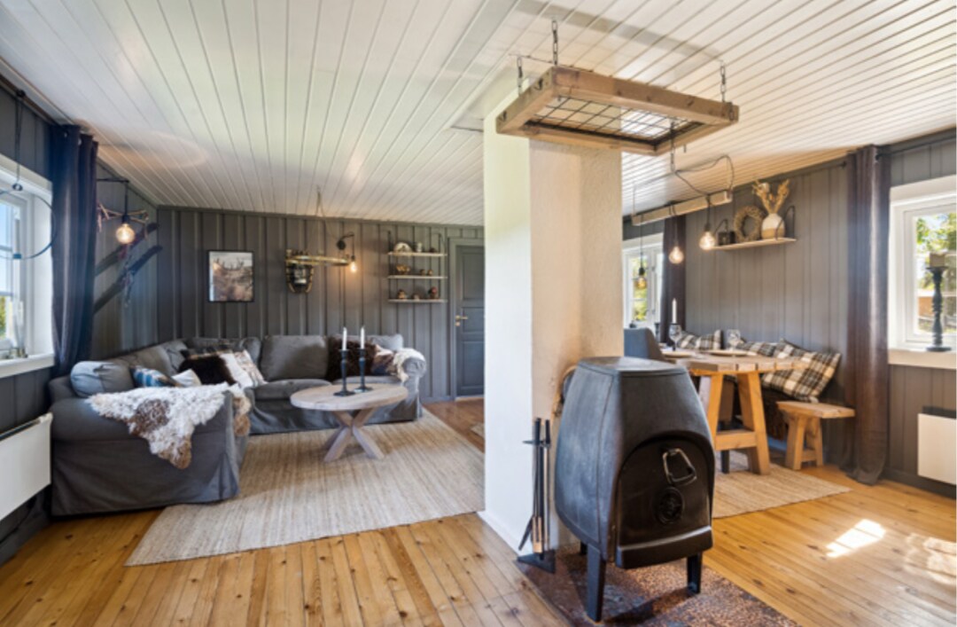 A welcoming living area features a spacious gray sofa and a wooden dining table surrounded by chairs. Natural light enters through multiple windows, illuminating the cozy space. A wood stove is positioned centrally, complementing the wooden flooring and subtle decor.