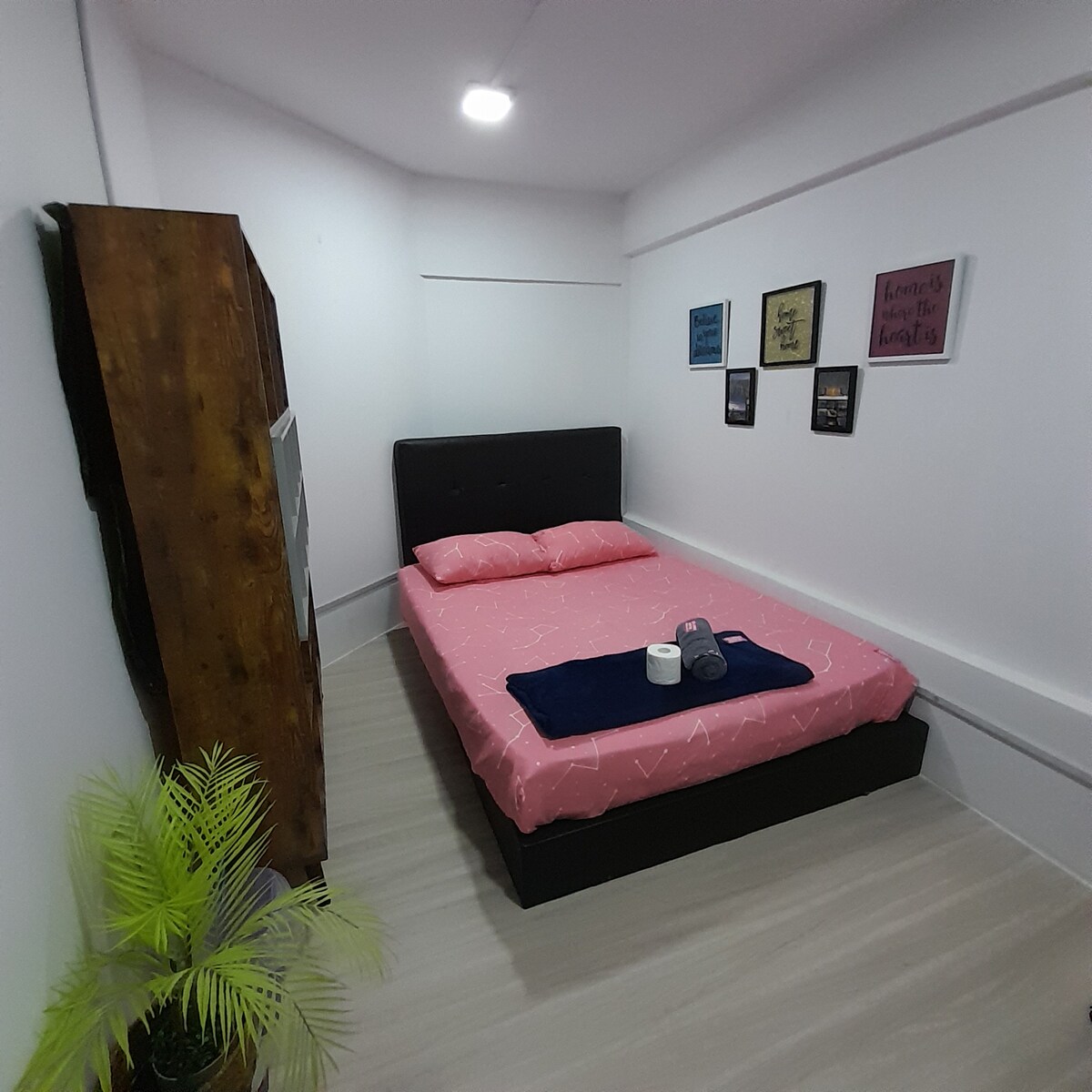 The room features a queen size bed dressed in pink linens, accompanied by a study table and chairs. A wooden cabinet stands against one wall, while decorative wall art adds character. A small potted plant is positioned in the corner, enhancing the room's inviting feel.