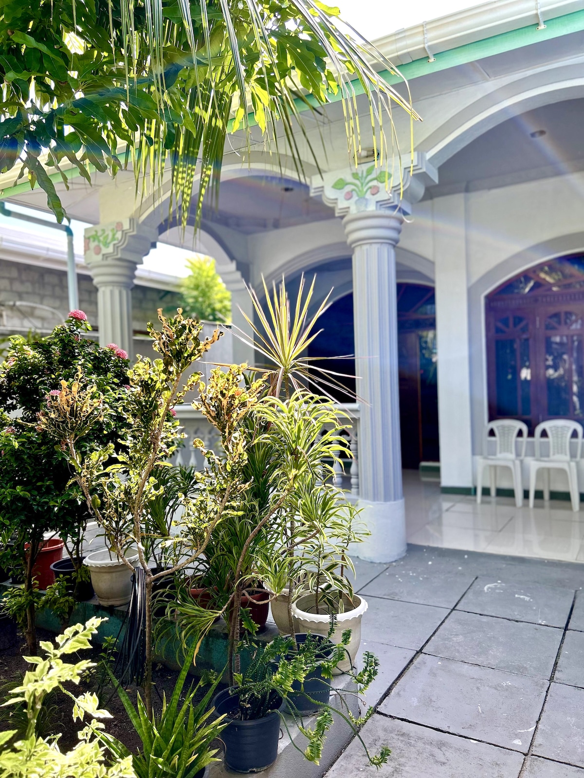 The image shows a serene outdoor area featuring lush greenery in various planters. Decorative columns frame an entrance that leads to a bright indoor space with large windows. The flooring is tiled, and several white chairs are visible, adding to the inviting atmosphere.