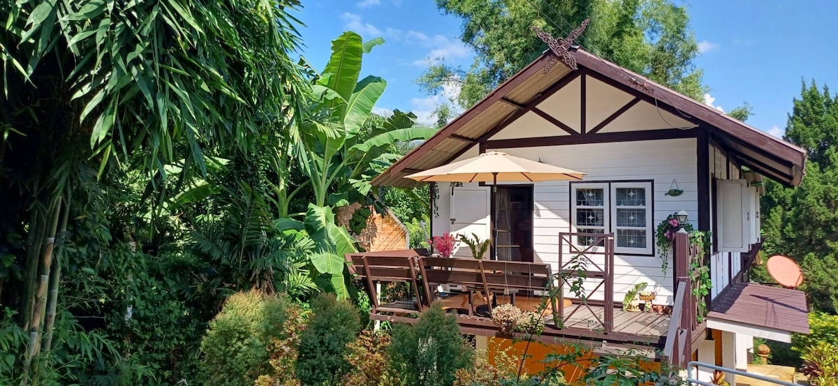 A charming small house is nestled among lush greenery, featuring a wooden deck with several seating options. An umbrella provides shade over the outdoor area, while vibrant plants and flowers enhance the natural surroundings. The roof is framed by a sturdy steel structure.