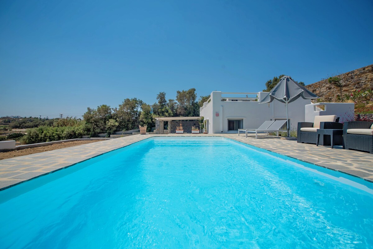 A large swimming pool with clear blue water is surrounded by a sunbathing area, featuring dark lounge chairs and a shaded seating space. A hillside with greenery and minimal landscaping is visible in the background, complementing the serene outdoor environment.