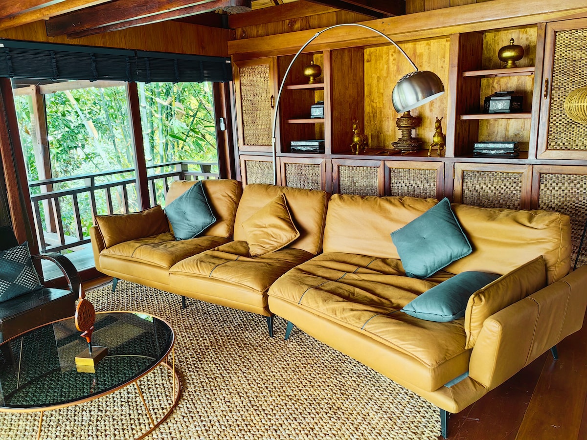 A spacious living area features a large leather sofa adorned with decorative cushions, complemented by a round coffee table on a woven rug. Warm wooden walls and shelving provide a natural and cozy environment, with views of greenery visible through the window.