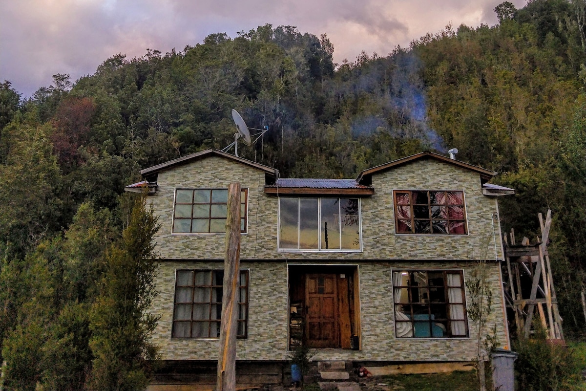 A unique two-story house is nestled against a forested hillside, featuring a textured green exterior. Large windows offer glimpses of the surrounding nature, while a wooden front door invites entry. Smoke gently rises from the chimney, indicating a cozy atmosphere.