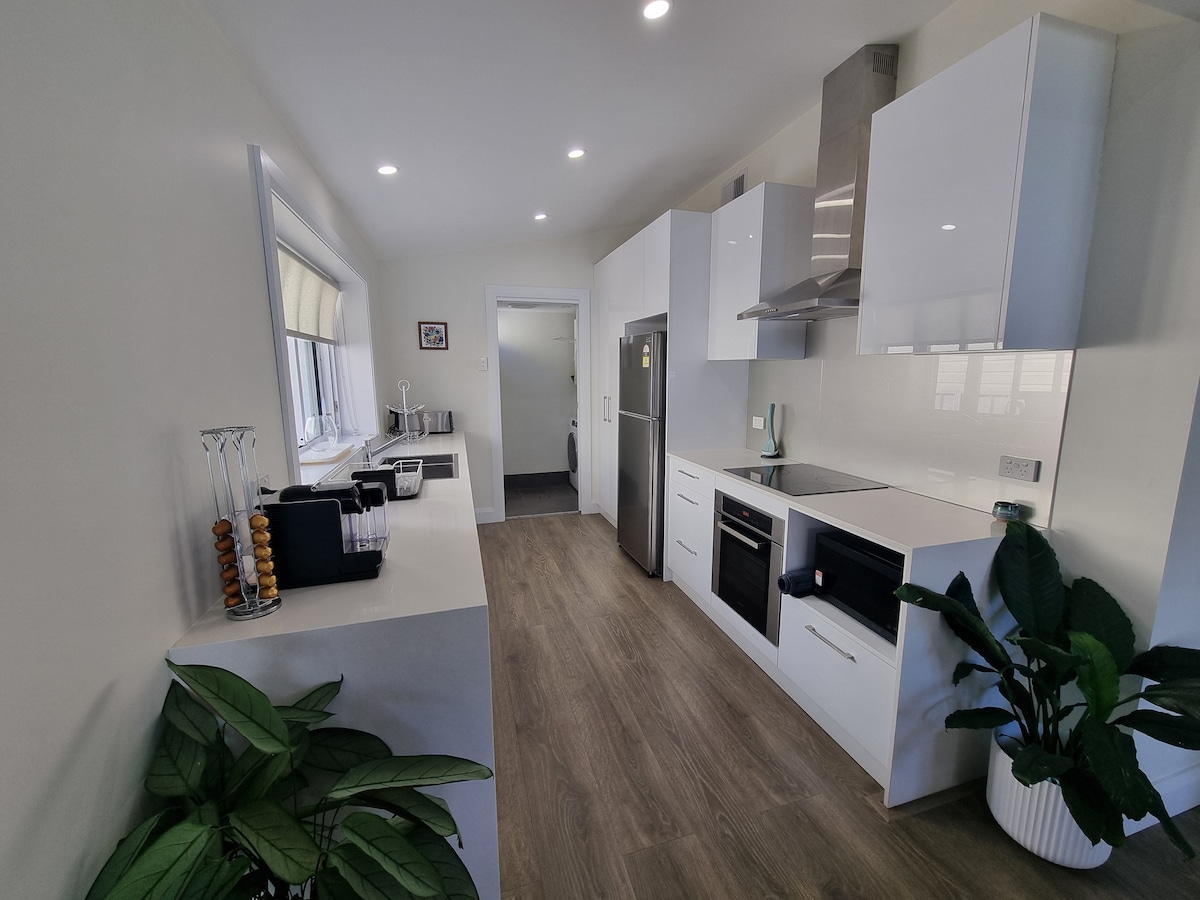 A modern kitchen space features sleek white cabinetry and stainless steel appliances. Natural light floods the room through a large window, illuminating the minimalistic design. A potted plant adds a touch of greenery, complementing the contemporary aesthetic.