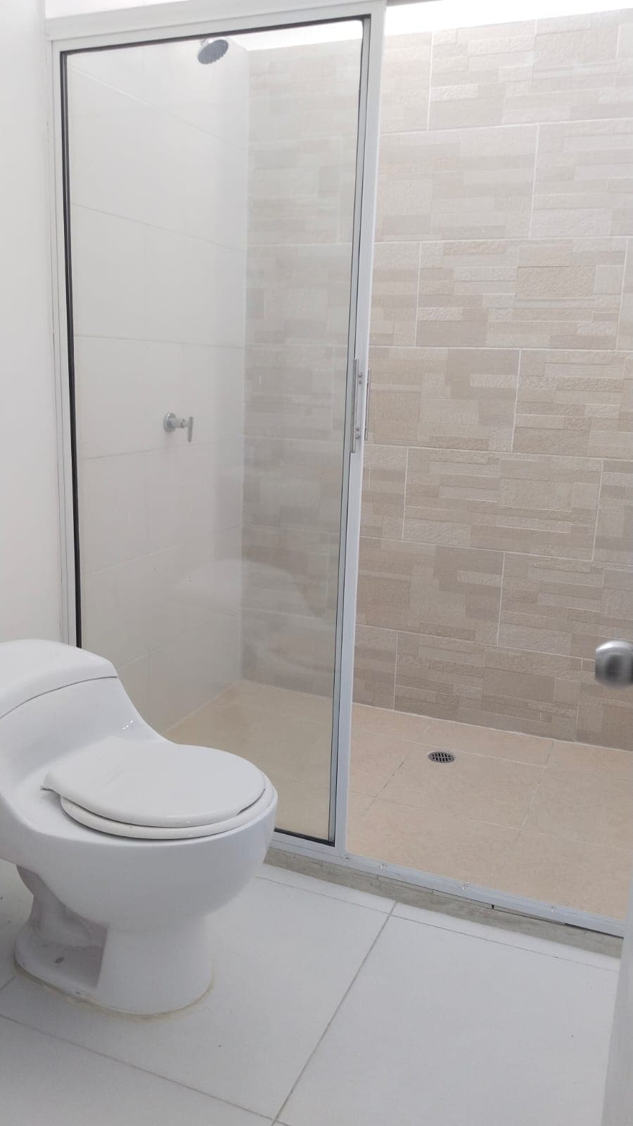 A clean and modern bathroom features a transparent shower enclosure with smooth tiles and a simple showerhead. A white toilet is positioned nearby, complementing the light and neutral color scheme of the space.