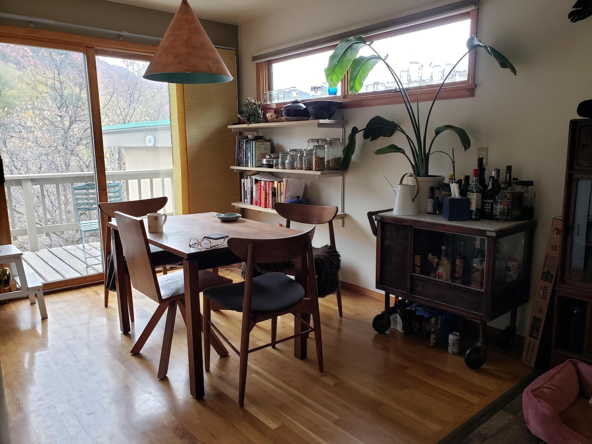 A dining area features a wooden table surrounded by four chairs, complemented by a stylish pendant lamp hanging overhead. A bookshelf displays various items, while a large plant is positioned near a window that offers access to an outdoor balcony.