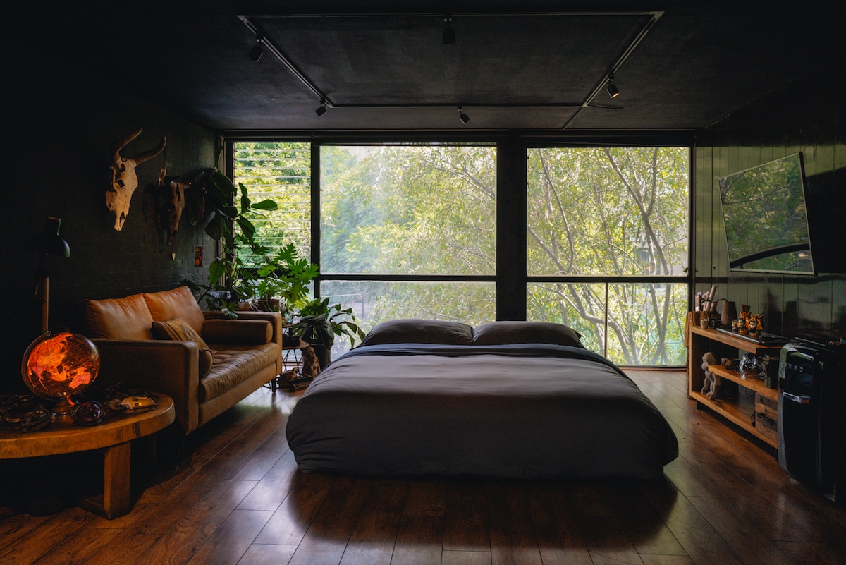 A spacious bedroom features a large bed dressed in dark bedding, complemented by a comfortable brown sofa. Large windows offer a view of lush greenery, and houseplants are positioned throughout the room. A wooden table holds decorative items, while modern lighting fixtures enhance the ambiance.