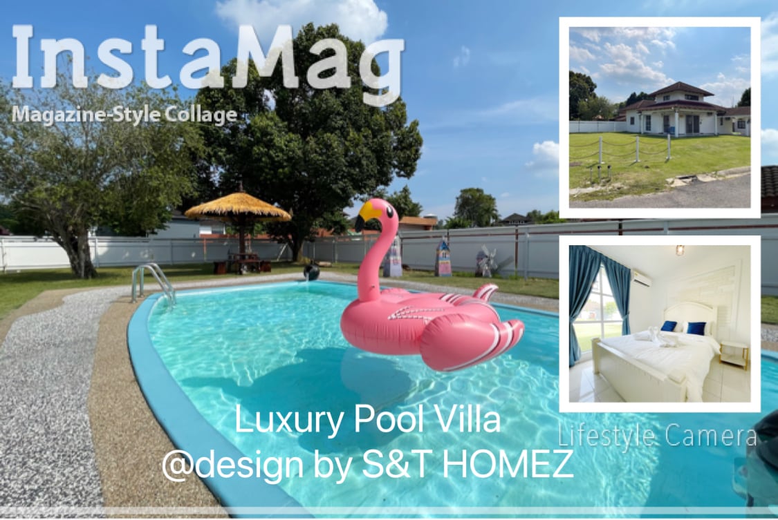 A private pool is surrounded by a well-maintained garden, featuring a large inflatable flamingo floating on the water surface. The villa, designed in a contemporary style, is visible in the background, complemented by a thatched umbrella providing shade.