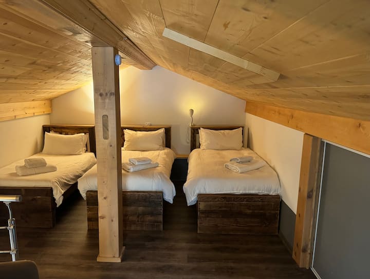 Hiki ni chumba cha kulala cha "roshani", kinachopatikana kupitia ngazi za mwinuko kutoka sebuleni.  Ni bora kwa watoto 3 au watu wazima 2 (watu wazima 3 wanaweza kuwa karibu sana).  Kuna WC iliyo wazi kwa sehemu (kumbuka: hakuna bafu). 