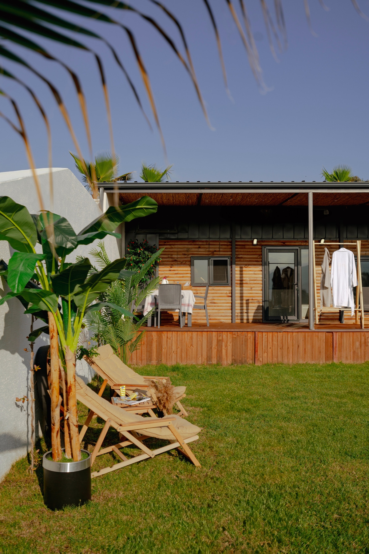A wooden deck is visible in the background, adjacent to a cozy cabin. Two lounge chairs are positioned on the green lawn, with a small table nearby. Lush tropical plants and an outdoor clothesline enhance the inviting ambiance of the space.