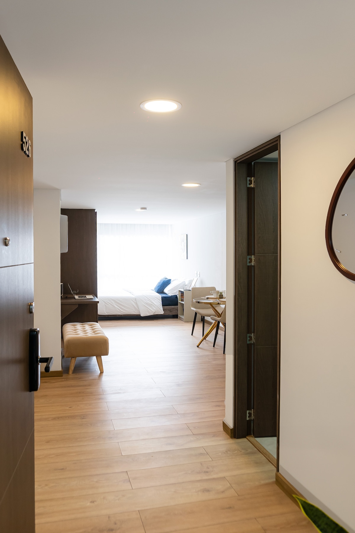A well-lit entryway leads into an inviting loft space. Light wood flooring extends throughout, with a glimpse of the sleeping area visible in the background. A large window allows natural light to brighten the room, complementing contemporary furnishings that include a desk and dining table.