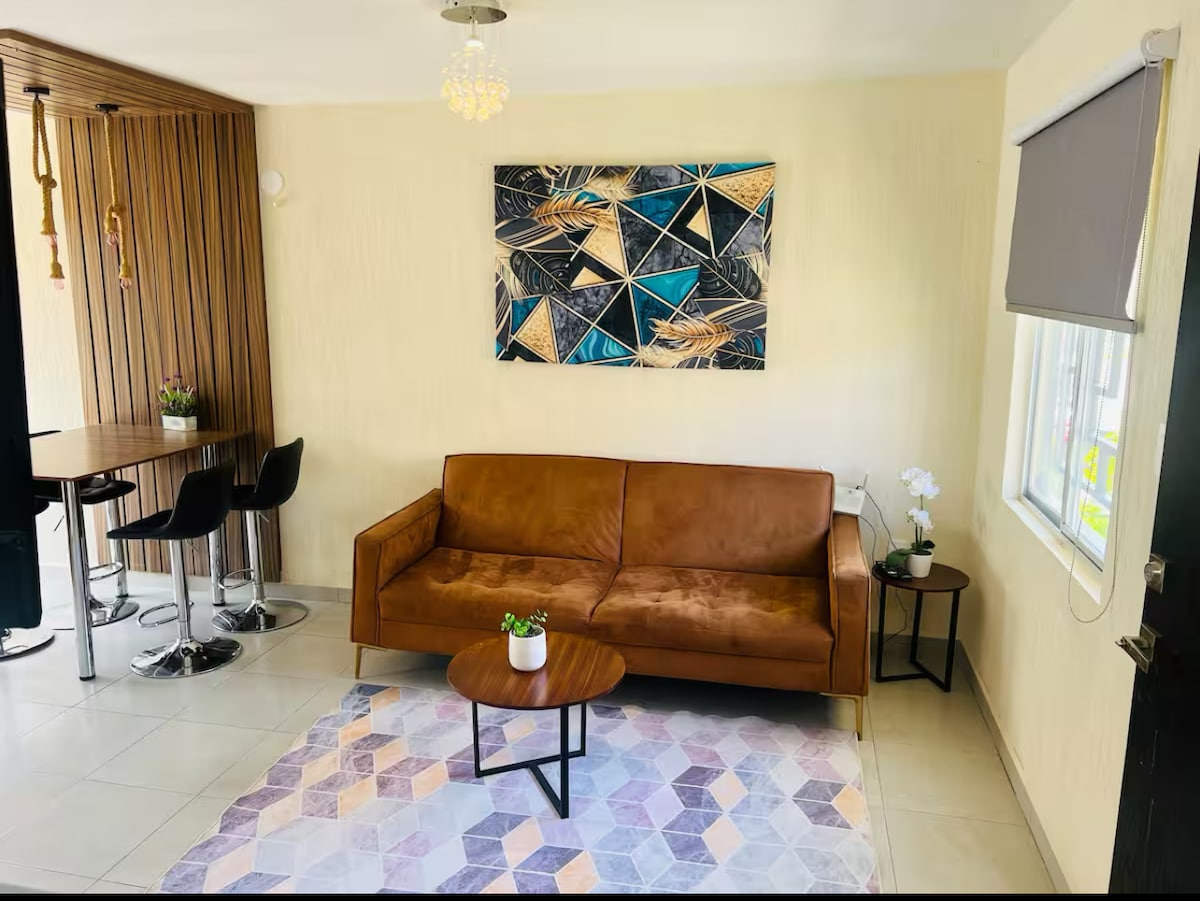 A living area features a brown sofa paired with a circular coffee table on a geometric-patterned rug. A dining table with black chairs occupies one side, with natural light entering through a window. An abstract wall art piece adds a modern touch.