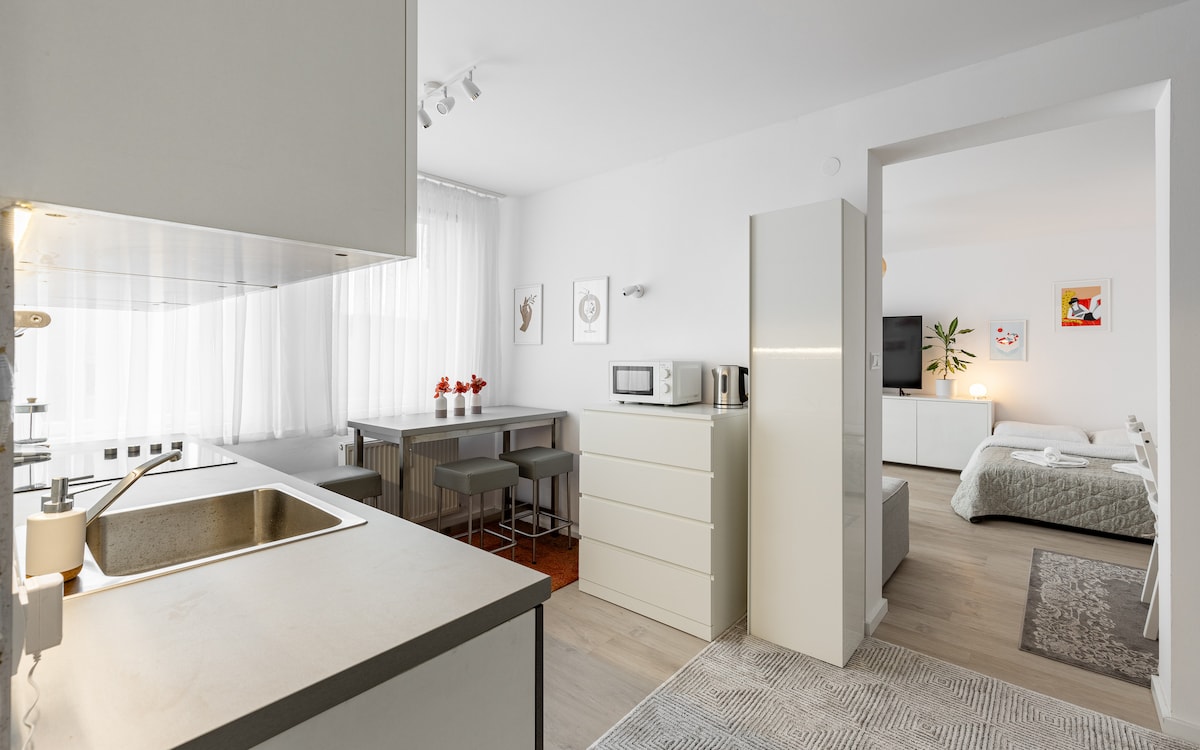 An open layout is featured, showcasing a modern kitchen with sleek cabinetry and a sink. A dining table with high stools sits adjacent to the kitchen, while a living area with a television and spacious bed is visible in the background. Large windows allow natural light to fill the space.