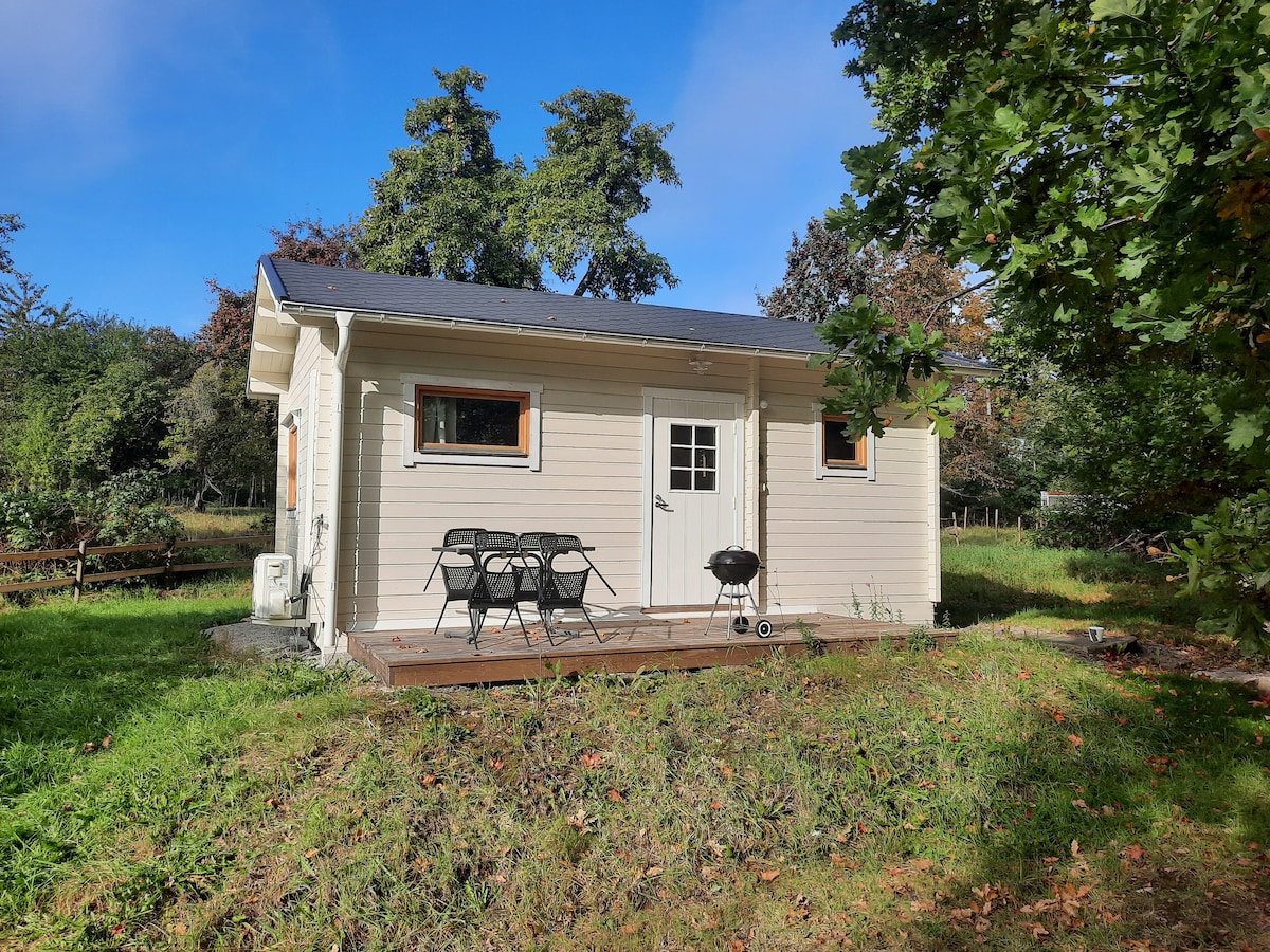 A small, newly built cottage is set in a serene natural environment. The exterior features light-colored wood siding and a dark roof. A wooden deck is furnished with a table and four black chairs, with a charcoal grill positioned nearby. Lush greenery surrounds the cottage.