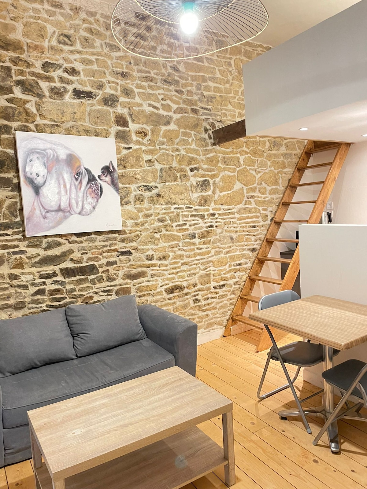 A living area features a gray sofa and a light wood coffee table, with a large artwork of a dog on the stone wall. A staircase leads to the mezzanine, providing access to the sleeping area. Two folding chairs complement a small dining table.