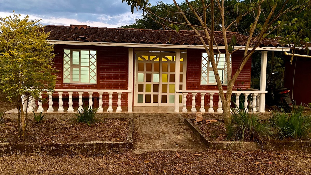 The exterior of a charming two-bedroom house is featured, showcasing a brick façade with white accents. A pathway leads to the front porch, bordered by lush greenery and a small garden. Large windows allow natural light to brighten the entrance.