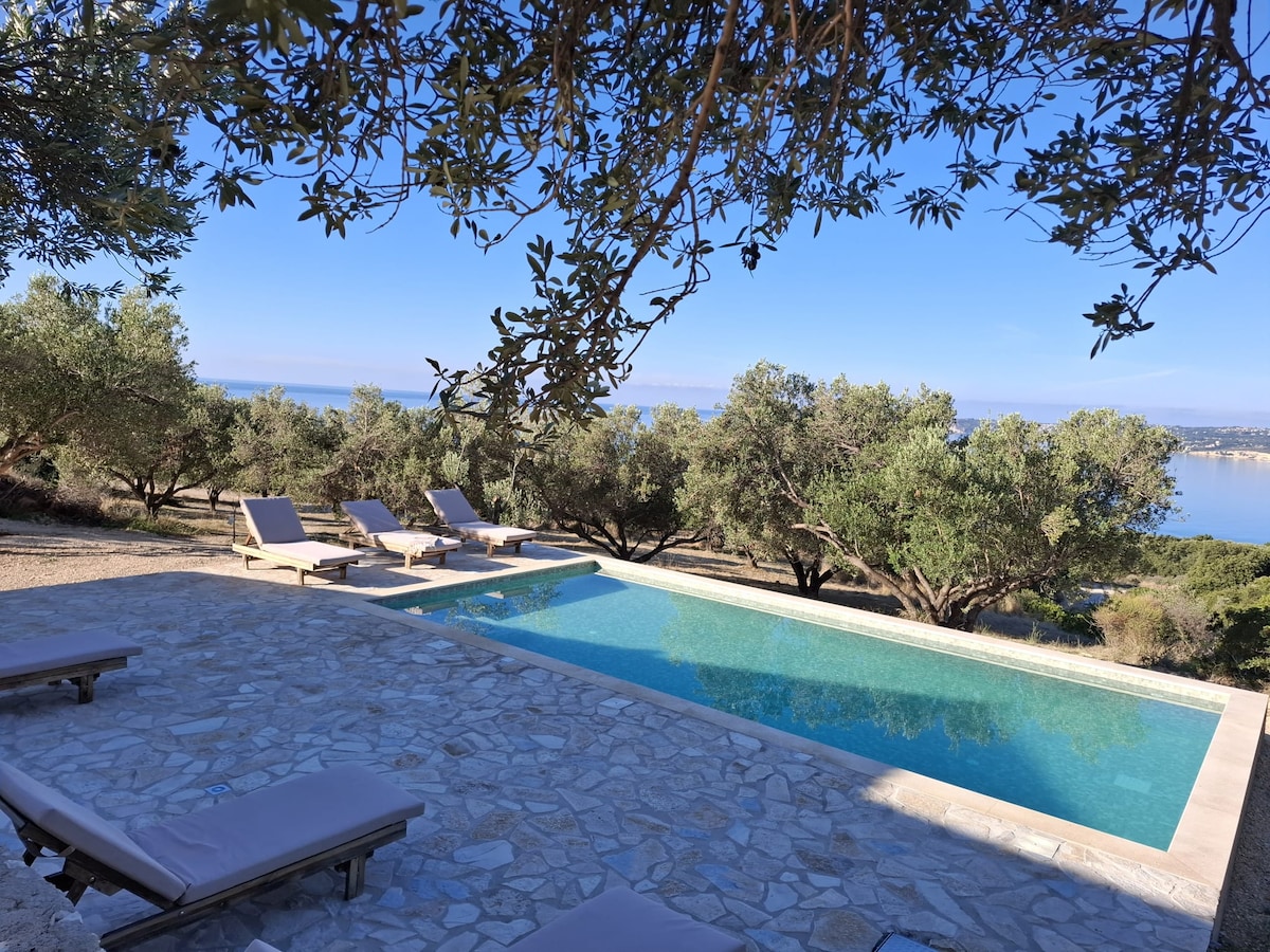 A serene swimming pool is framed by natural stone and surrounded by olive trees. Comfortable loungers are positioned nearby, offering a relaxing view of the landscape. The clear blue water reflects the sky, creating a tranquil outdoor space for leisure.