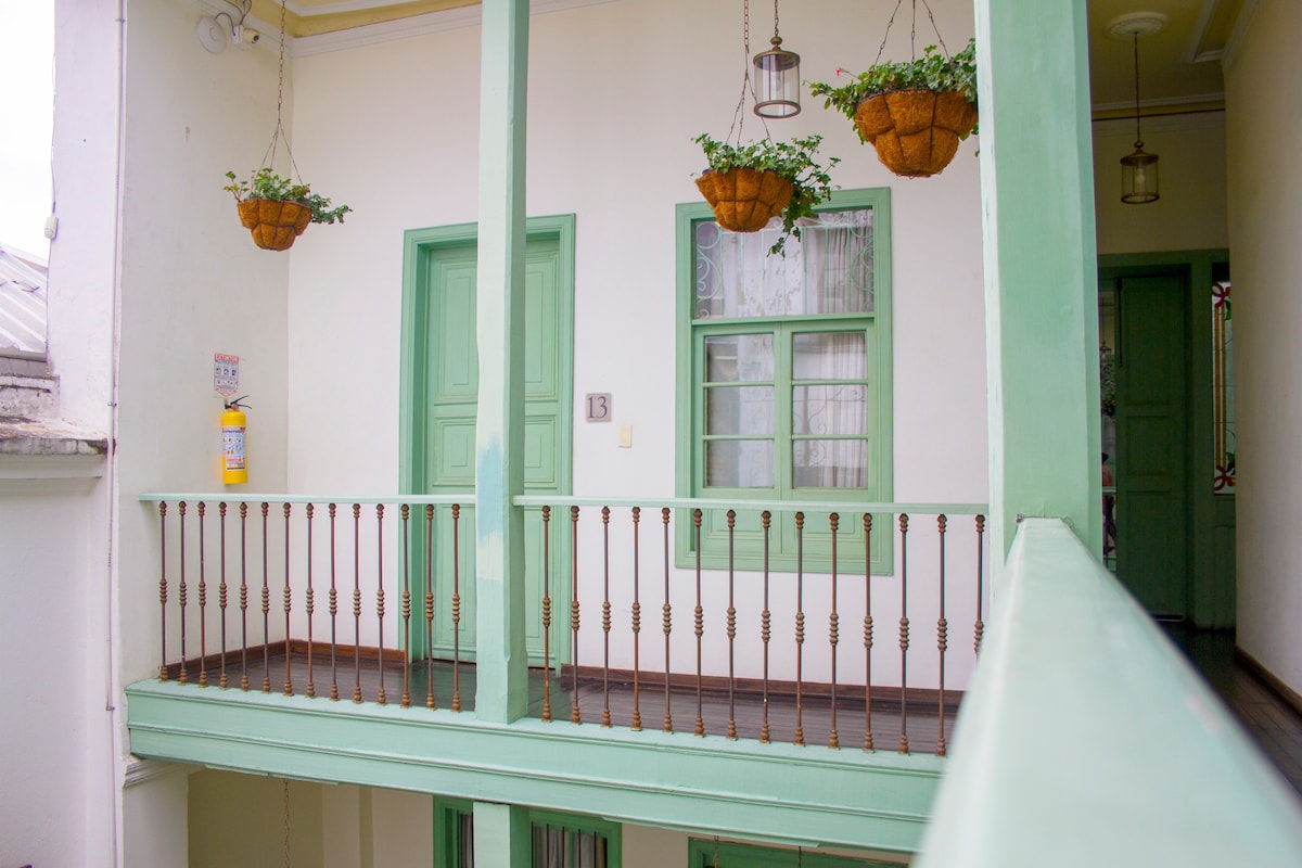 A balcony area is shown featuring green doors and large windows. Hanging planters filled with greenery add a touch of nature. A wooden railing runs along the edges, enhancing the open space. A fire extinguisher is mounted on the wall for safety.