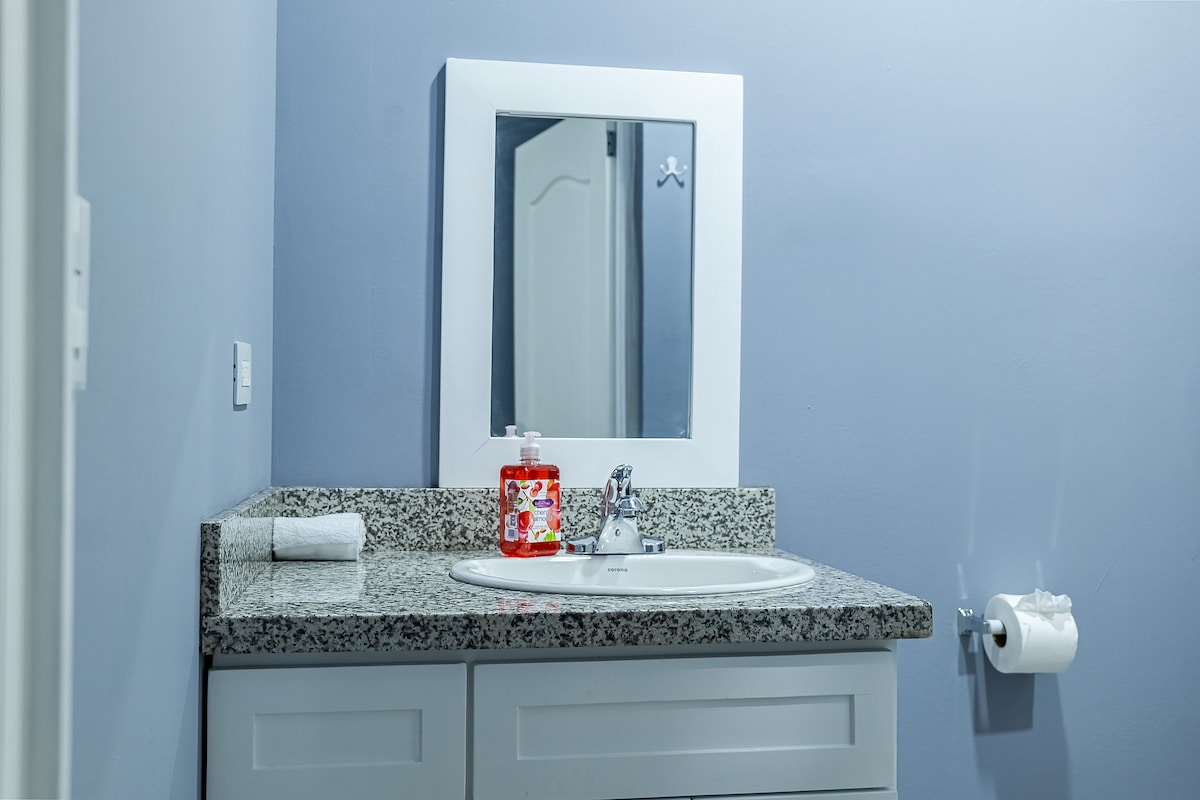 A compact bathroom features a granite countertop with a white sink and a rectangular mirror above. A bottle of hand soap and neatly rolled towels are placed beside the sink. A toilet paper roll is positioned within easy reach on a nearby holder.