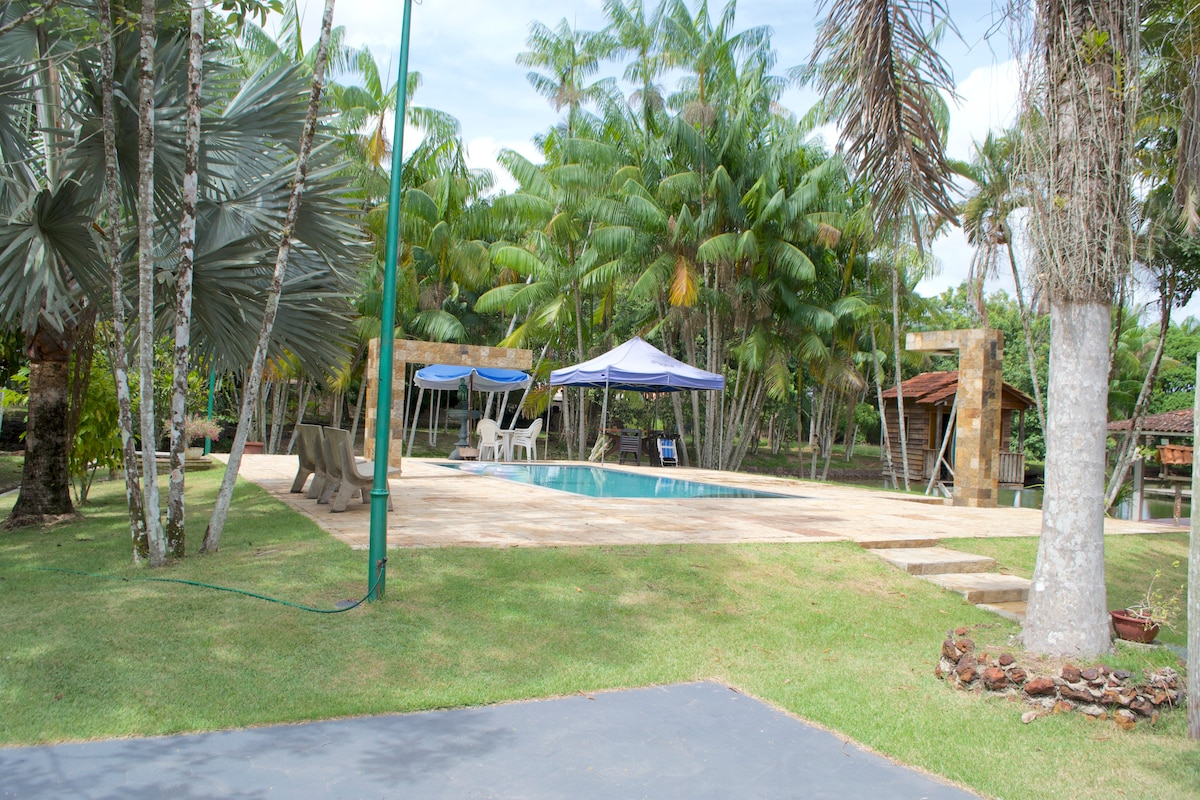 An outdoor area featuring a swimming pool surrounded by lush greenery, tropical palm trees, and ample space for relaxation. Sun loungers and a shaded gazebo are visible, providing spots for leisurely moments. The well-maintained grass enhances the tranquil atmosphere of the space.