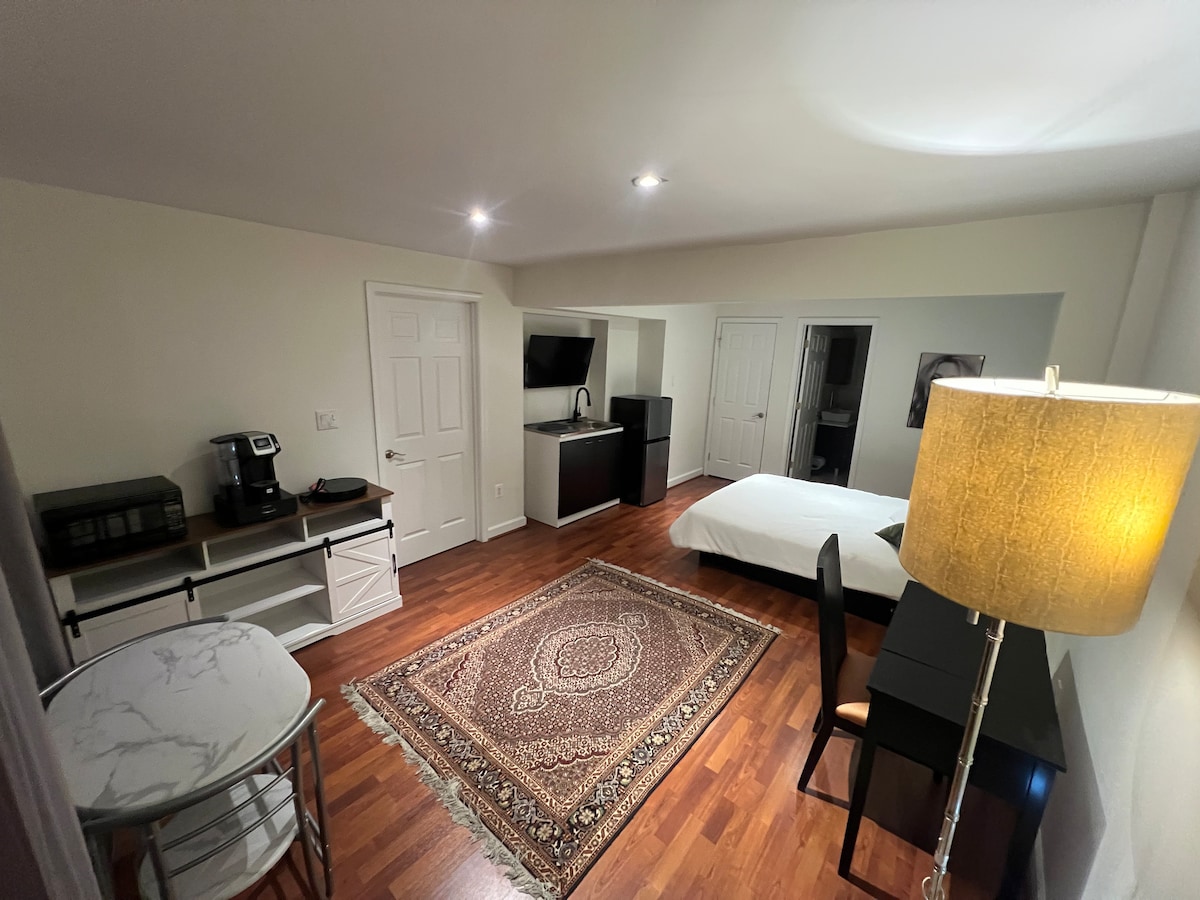 A spacious studio displays warm wooden flooring complemented by an area rug. A queen bed is positioned along the wall, while a kitchenette is situated in the corner. A small dining table and two chairs are present, and a desk with a lamp provides a work area.